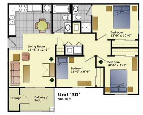 Floor plan for 3 beds, 2 baths, 986 sqft
